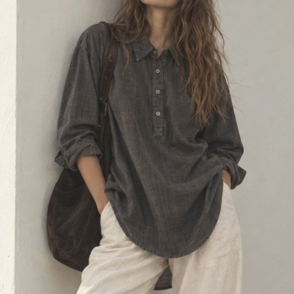 Eileen Fisher Tunic Top Tencel Organic Cotton M Chambray Denim Minimalist Work
